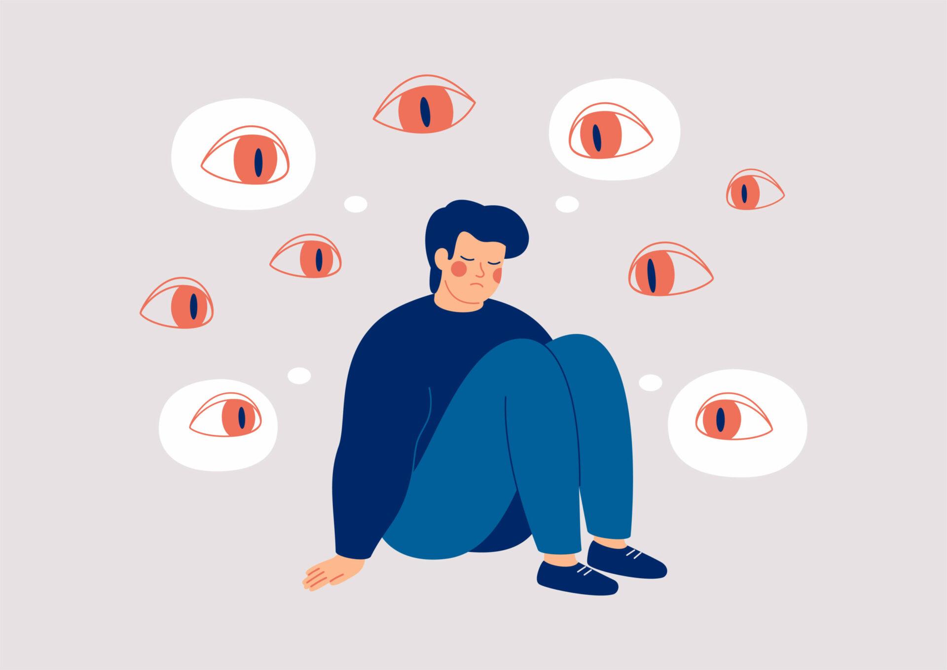Man surrounded by giant eyes feeling overwhelmed and helpless stock illustration