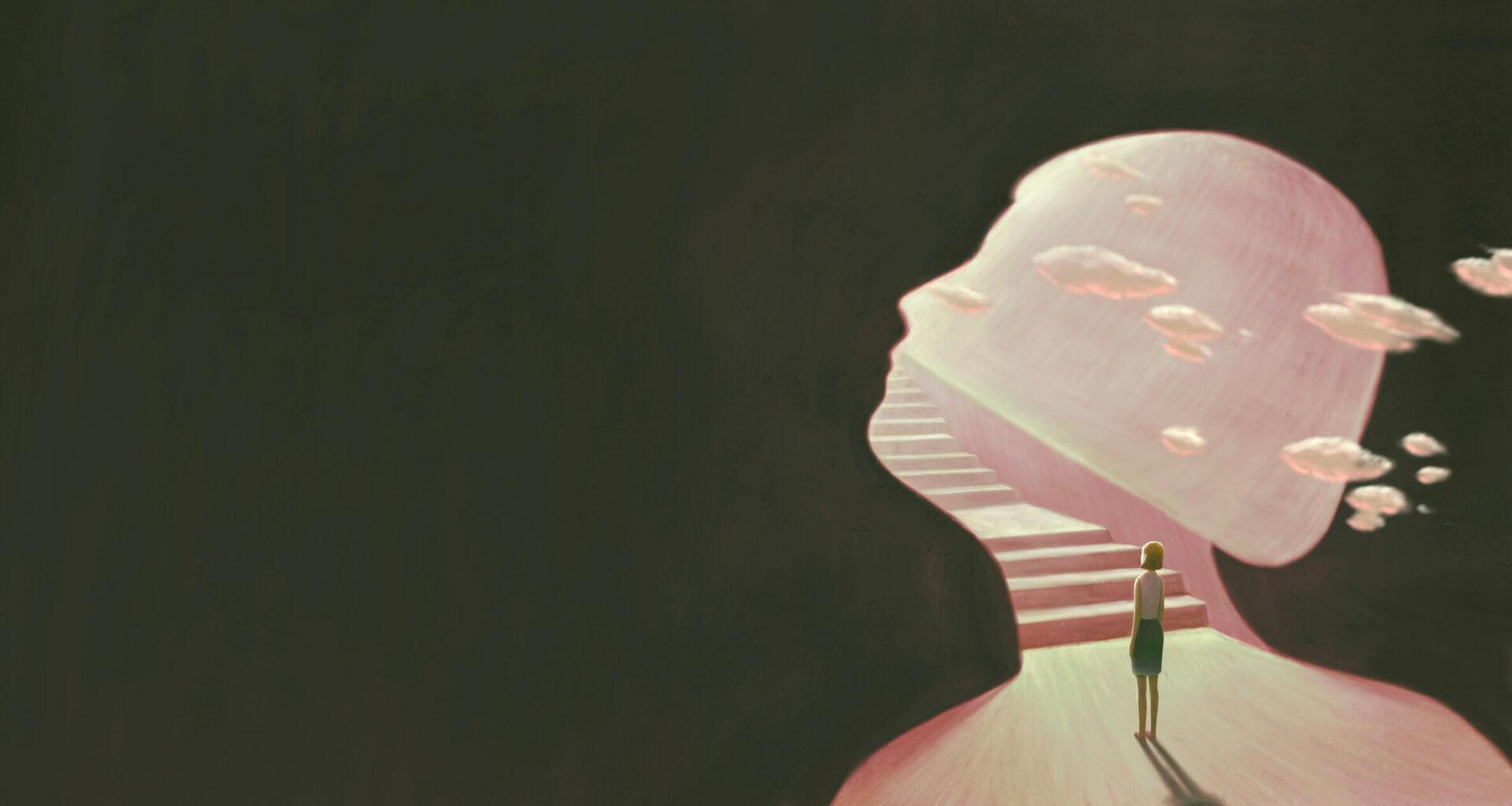 Illustration of a person standing at the beginning of a staircase that leads into the silhouette of a human head profile.