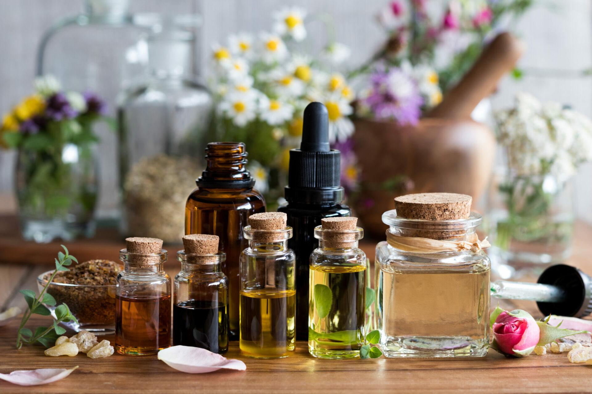 Selection of natural oils in glass bottles