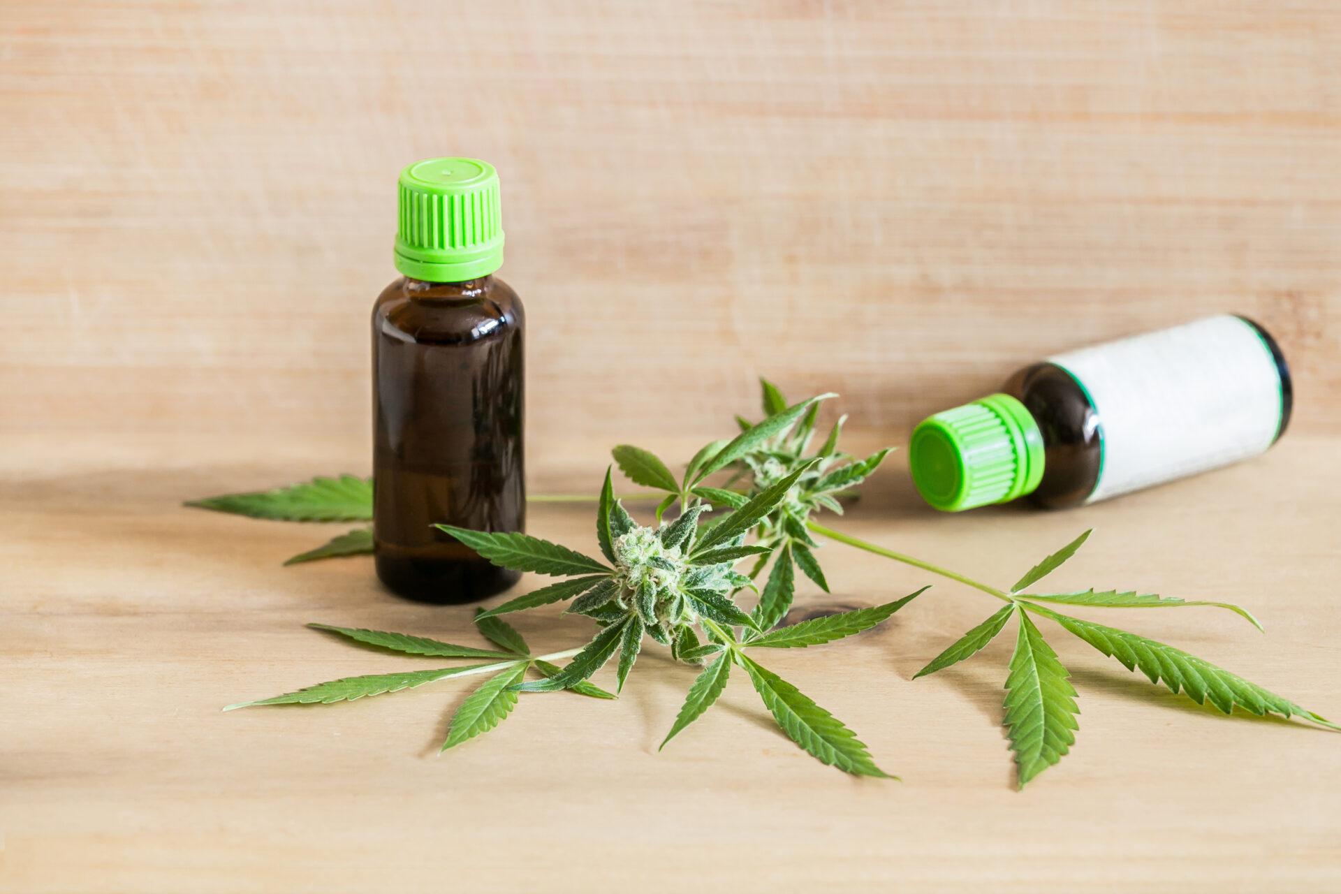 Medical cannabis oil in a bottle with a blank white label.