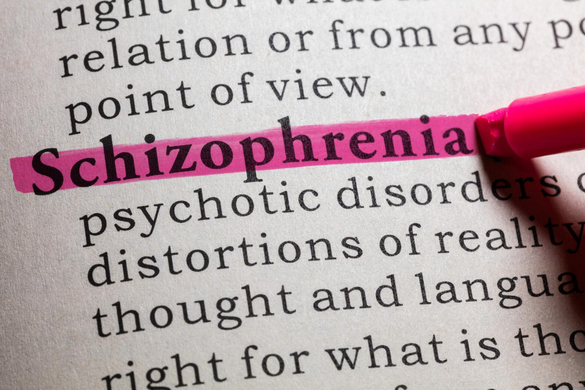 Image of the word schizophrenia in a dictionary highlighted in pink