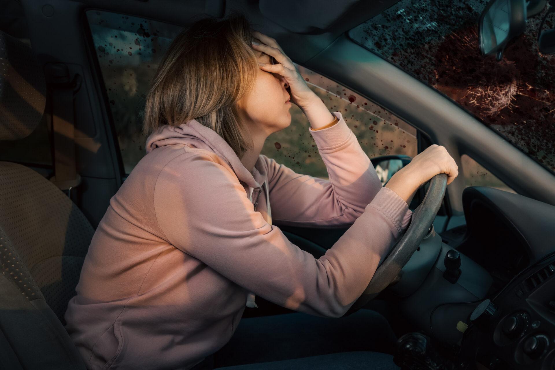A woman seated in the driver's seat of a car with the steering wheel on the left side, shielding her eyes with her hand.