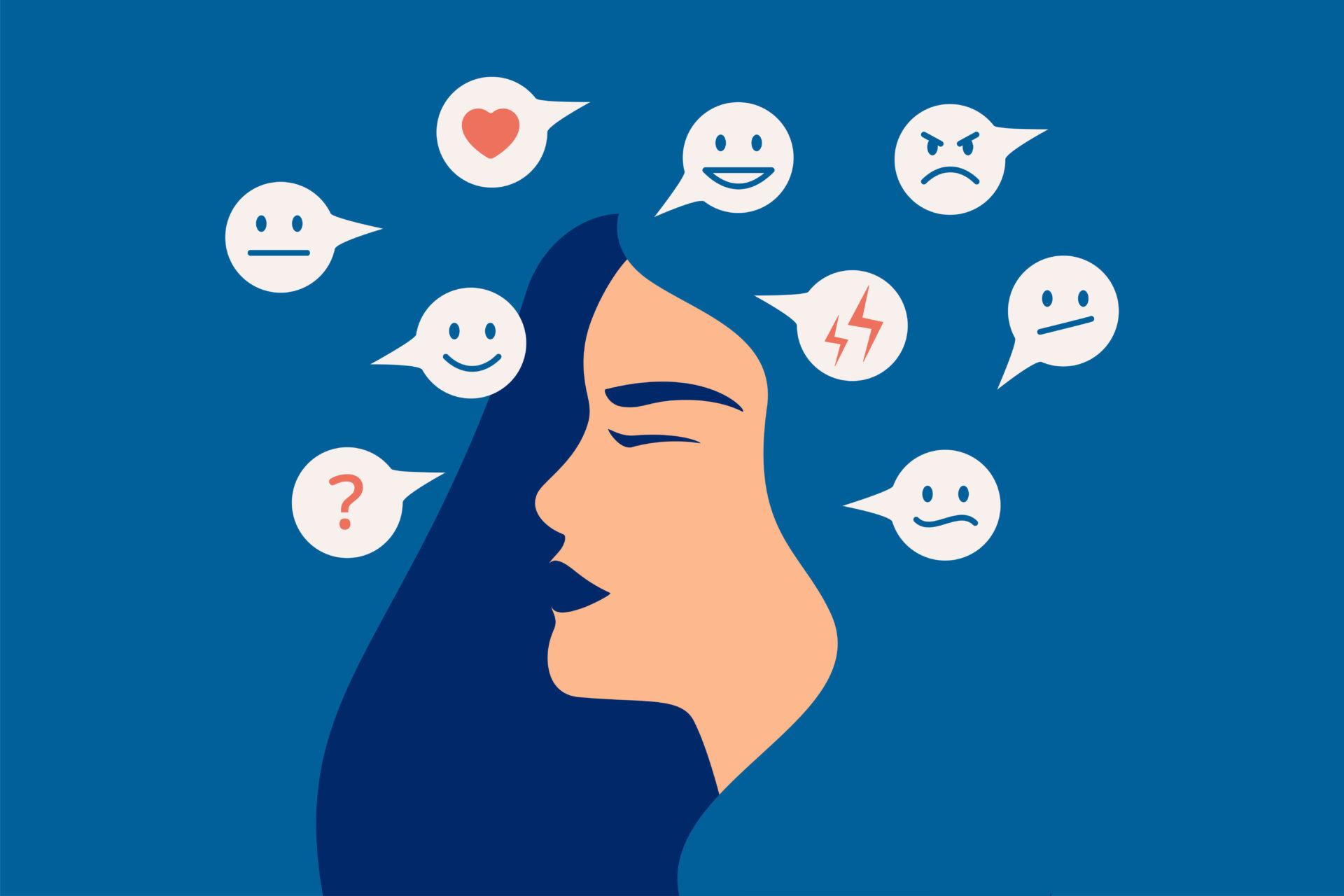 Many emotions surround a young female with schizophrenia stock illustration