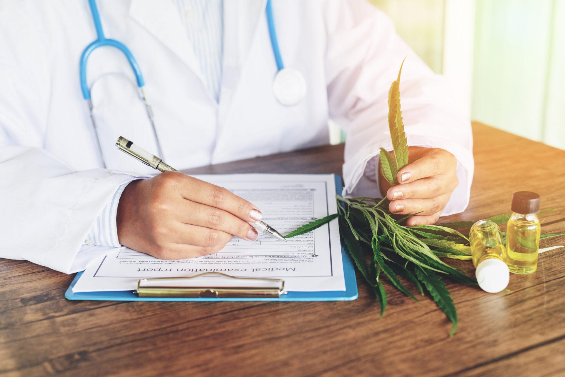 Doctor issuing a medical marijuana prescription to a patient, with a cannabis plant and a bottle of CBD oil on the desk.