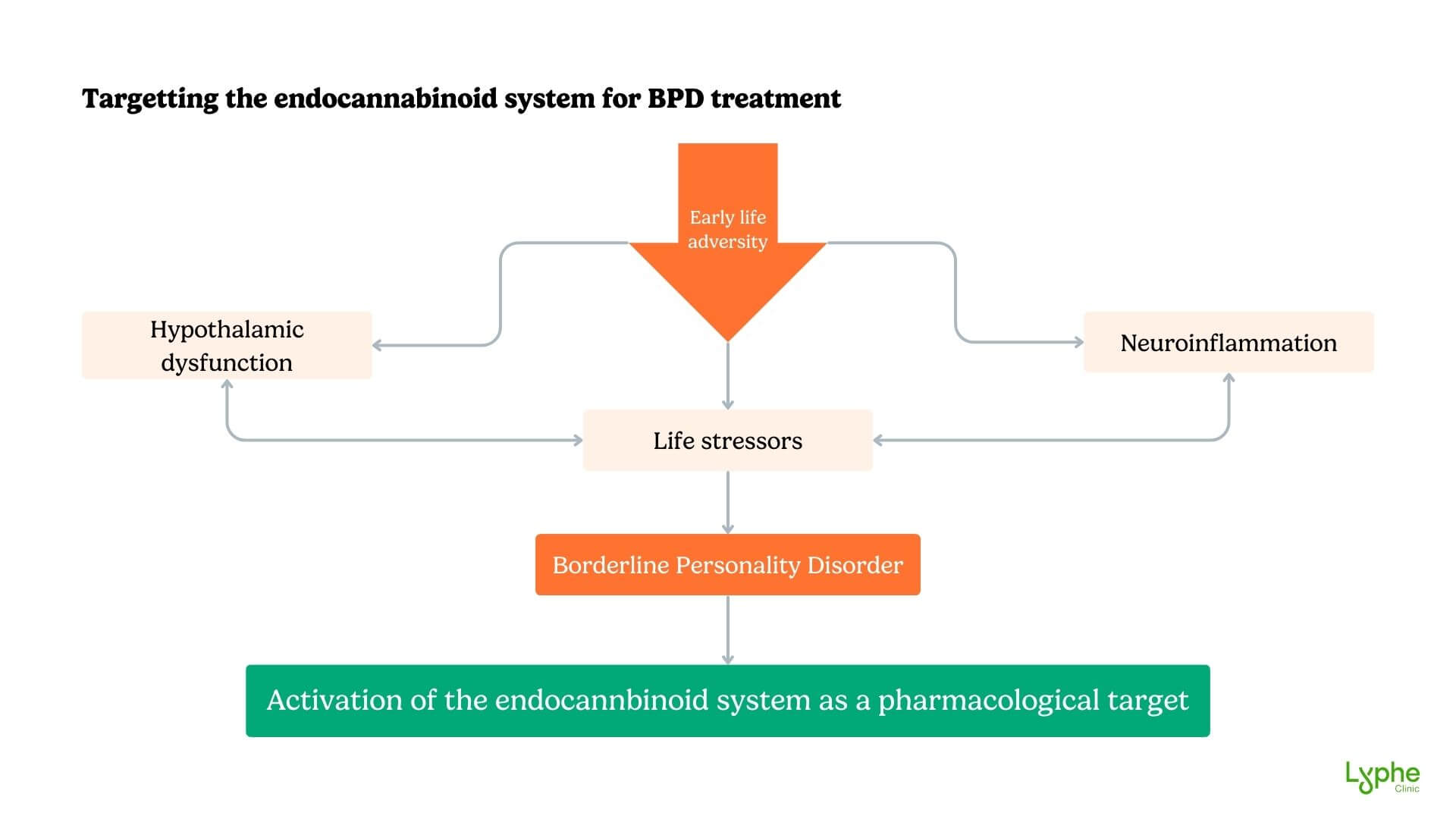 A flowchart diagram titled "Targeting the endocannabinoid system for BPD treatment" illustrating how early life adversity, hypothalamic dysfunction, neuroinflammation, and life stressors contribute to Borderline Personality Disorder (BPD). 